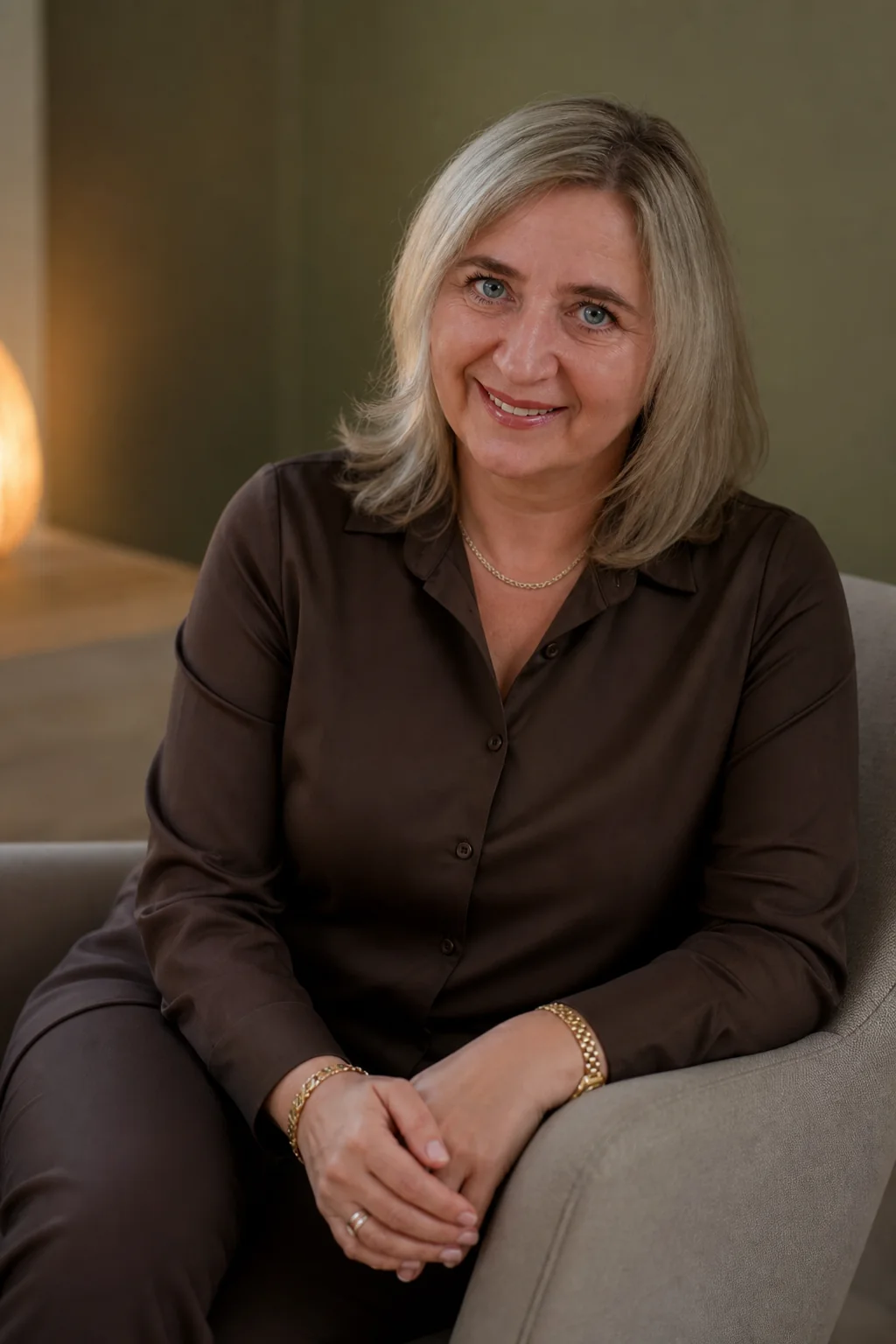 Urszula Ledwik siedząca w fotelu i uśmiechająca się do obiektywu